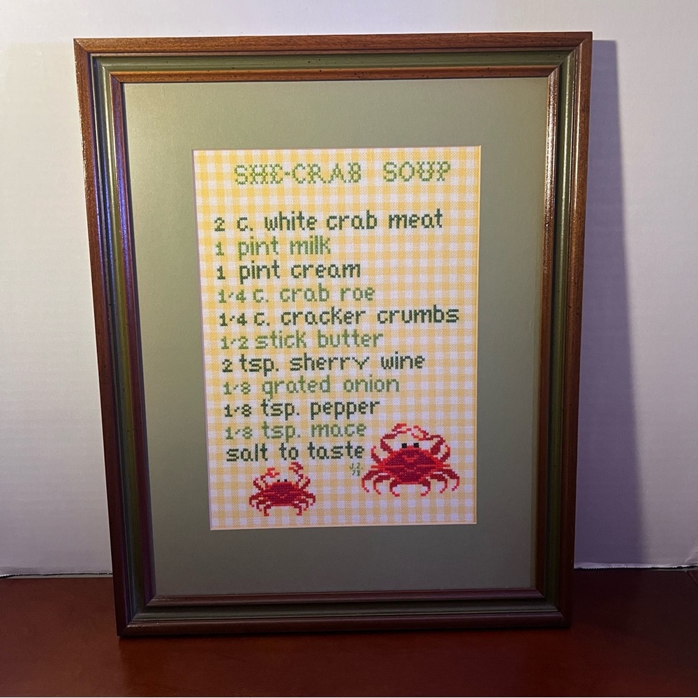 Vintage Cross Stitch Framed She Crab Soup Recipe